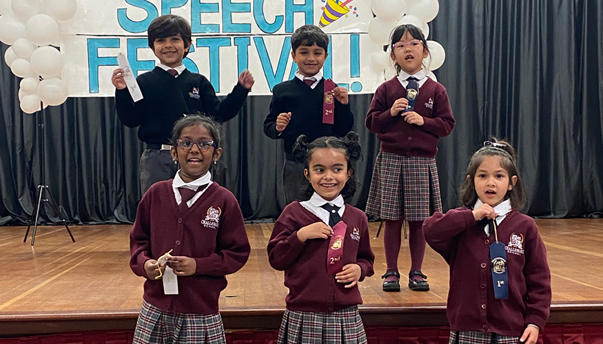 Six young students holding up their Speech Festival award